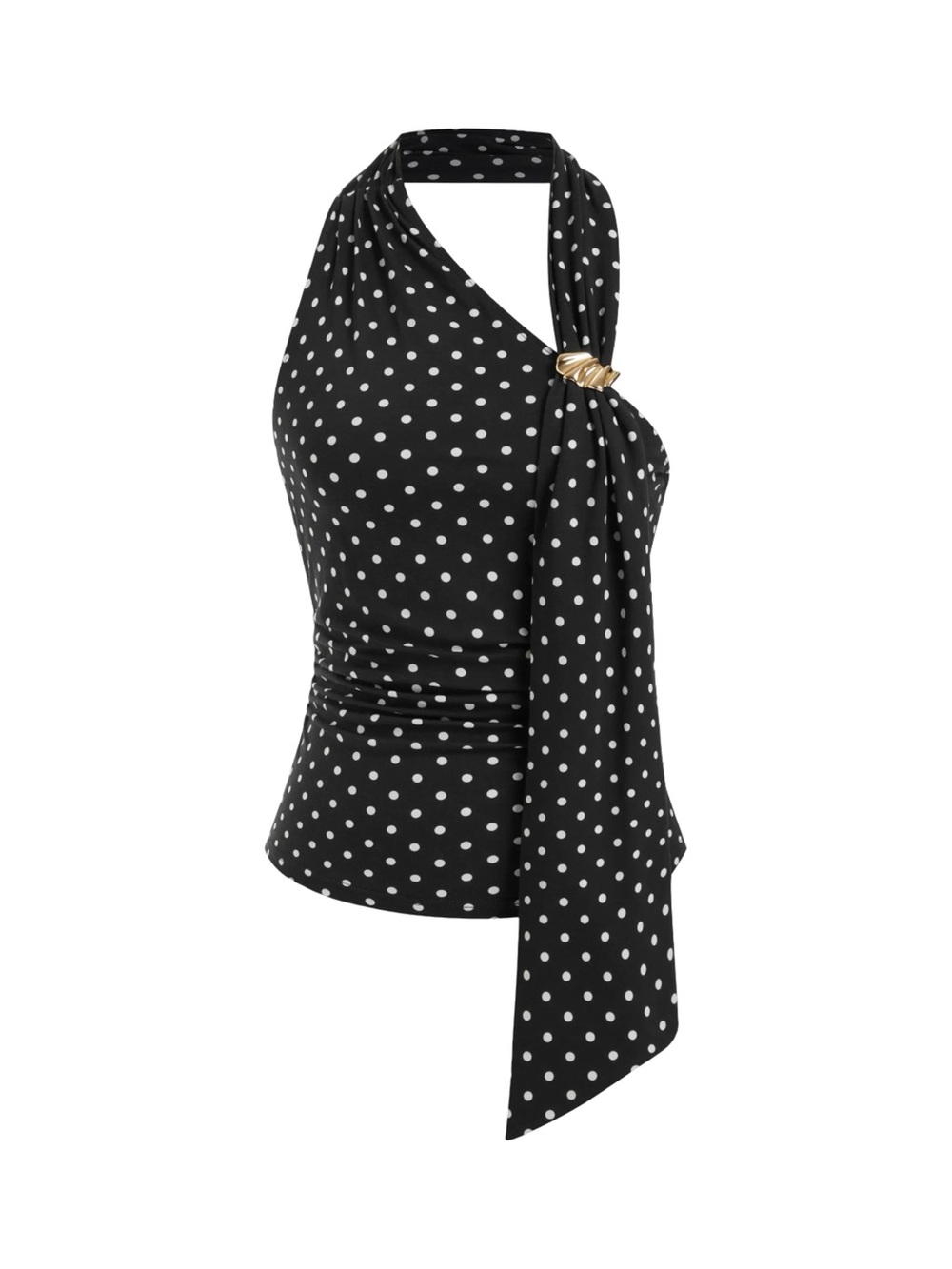 Cider Black Polka Dot Halter Top Y2K Retro Glam Going Out Blouse Gold Accent